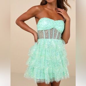 New! Lulus Mint Green Sheer Tulle Sequined Tiered Mini Dress Size Medium